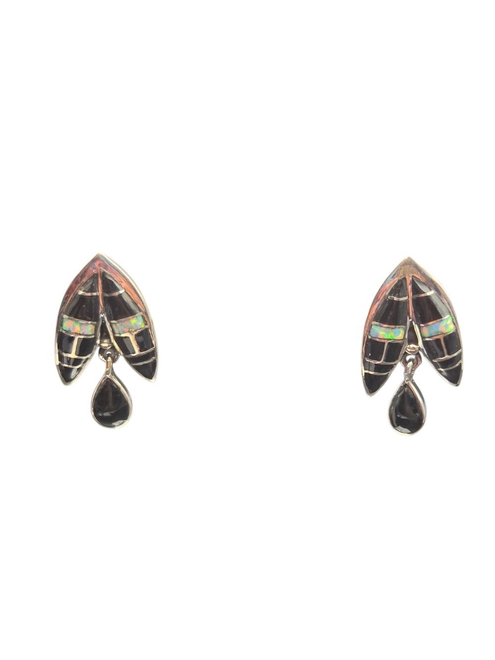 Sterling Silver Black Onyx & Opal Inlay Leaf Drop Earrings, Southwestern